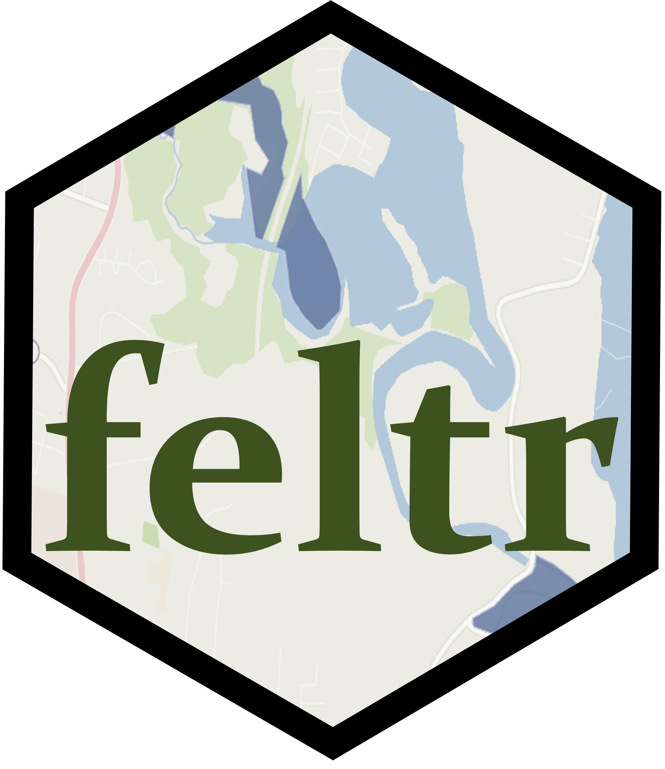 A hexagonal logo for the R package Feltr with the word feltr in the foreground and a small map in the background.