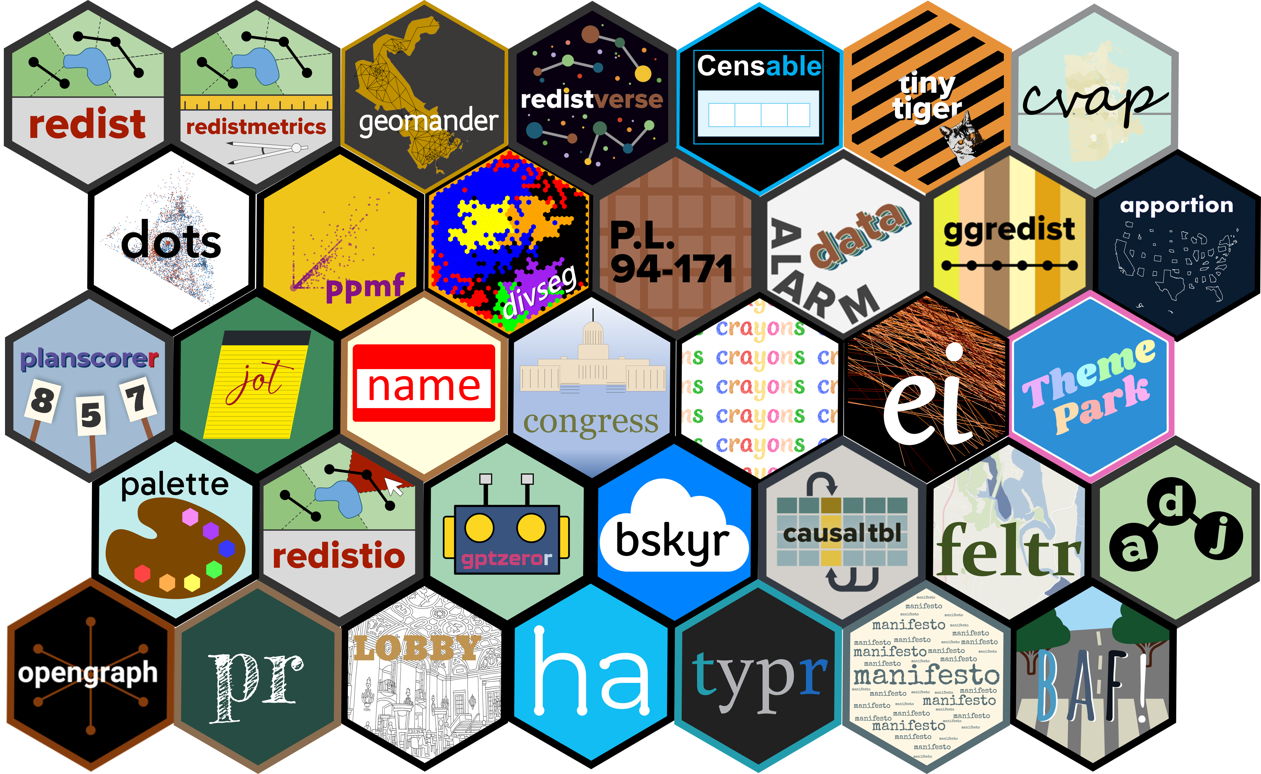 An array of hexagonal logos for discussed R packages.